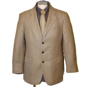 44 Mens Beige Silk Wool Herringbone BLAZER & SILK TIE‎ Plaid Coat Jacket Unique
